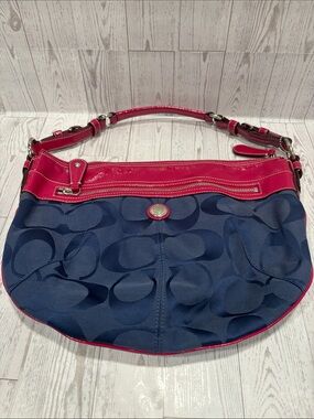 Coach Laura Signature Jacquard Hobo Bag Navy Signature Hobo with Fuchsia Trim